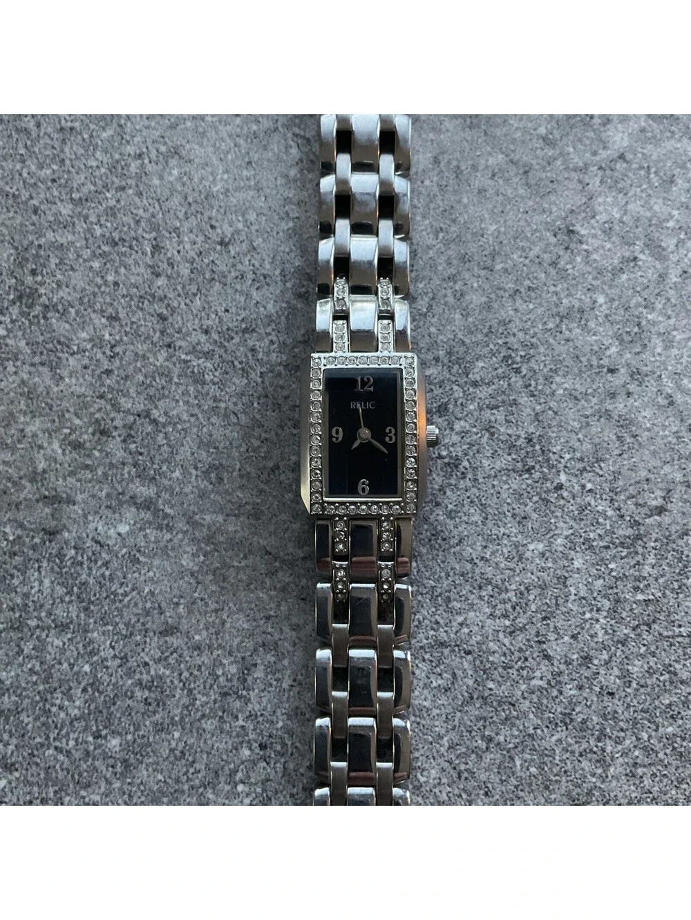 Relic Womens Tank Style Watch ZR33804 17mm Silver Tone Case & Band Black Dial BW